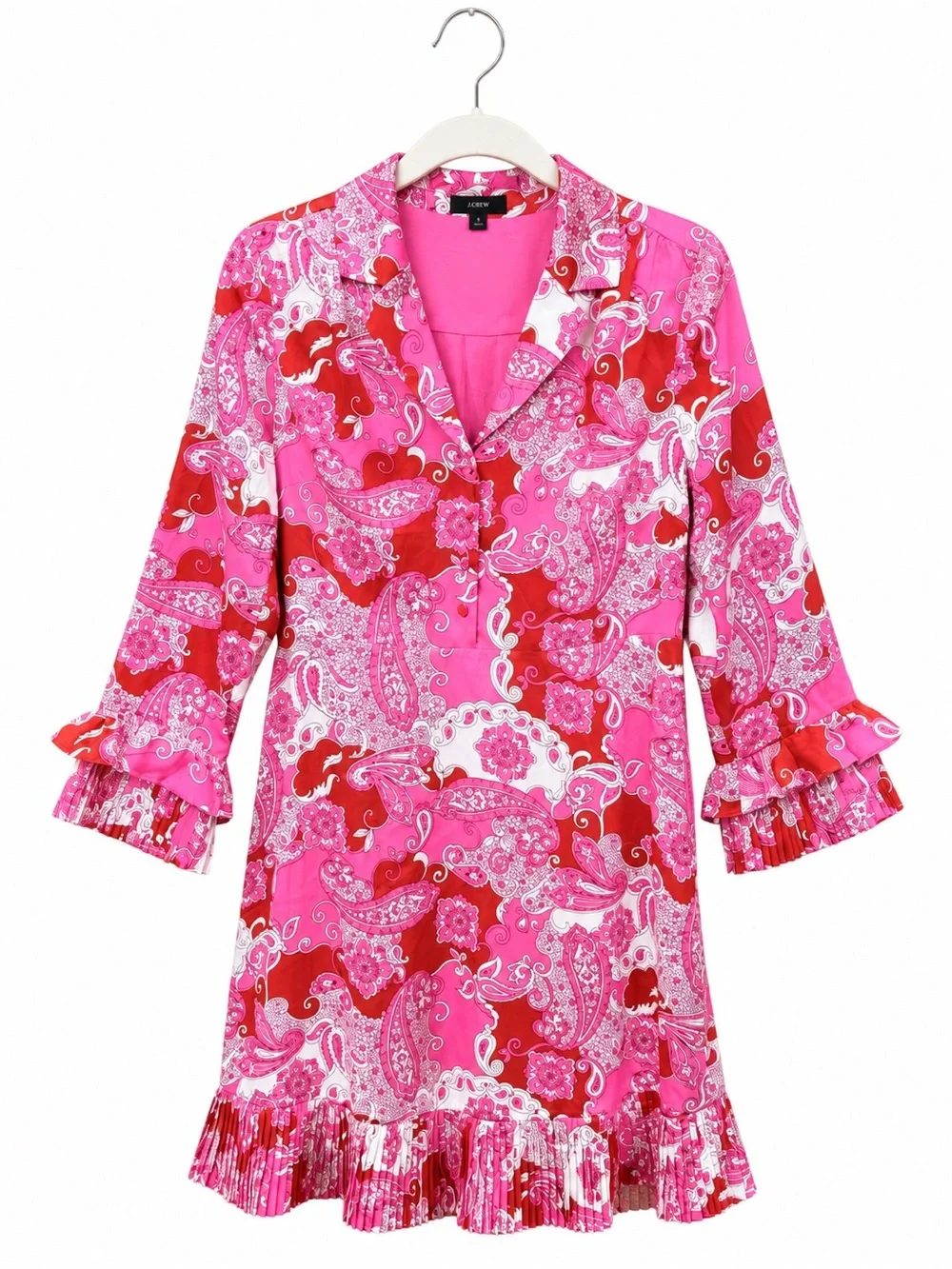 Jcrew Pleated-hem shirt-dress in vintage paisley pink red work corporate chic